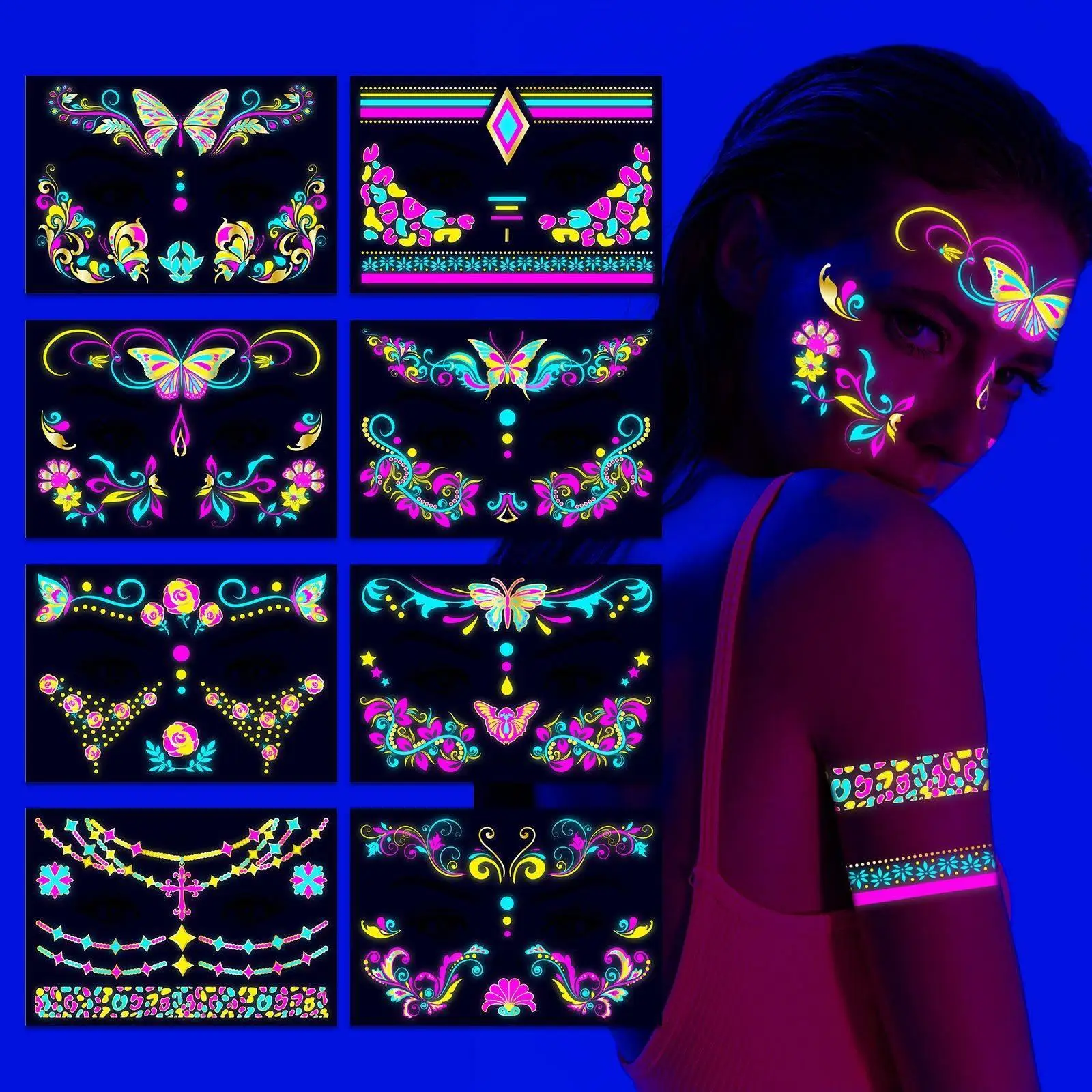 8 pc Glow in The Dark Temporary Tattoos Face Tattoo Sticker Fluorescence UV Neon Body  Waterproof Tattoo Stickers Party Supplies