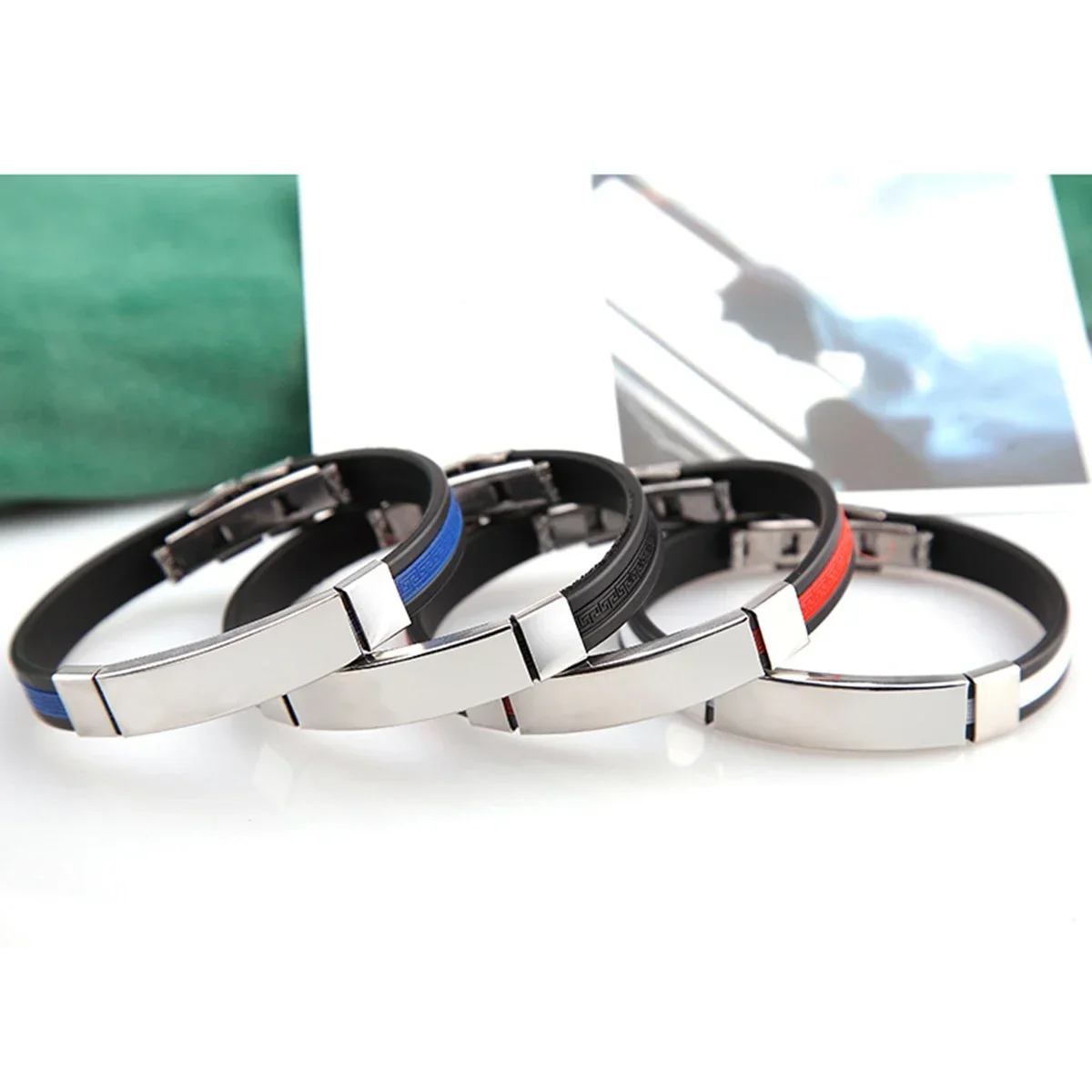 سوار مشبك من الفولاذ المقاوم للصدأ للرجال ، سوار معصم سيليكون ، مجوهرات رياضية بسيطة ، أساور كرة السلة ، الموضة