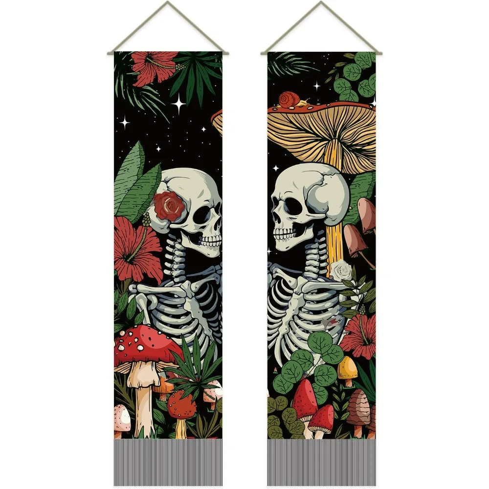 Pack of 2 Skeleton Love Tapestries Mushroom Skull Tapestry Mystical Floral Plant Flower Tassel Tapestry Wall Hanging for Room,