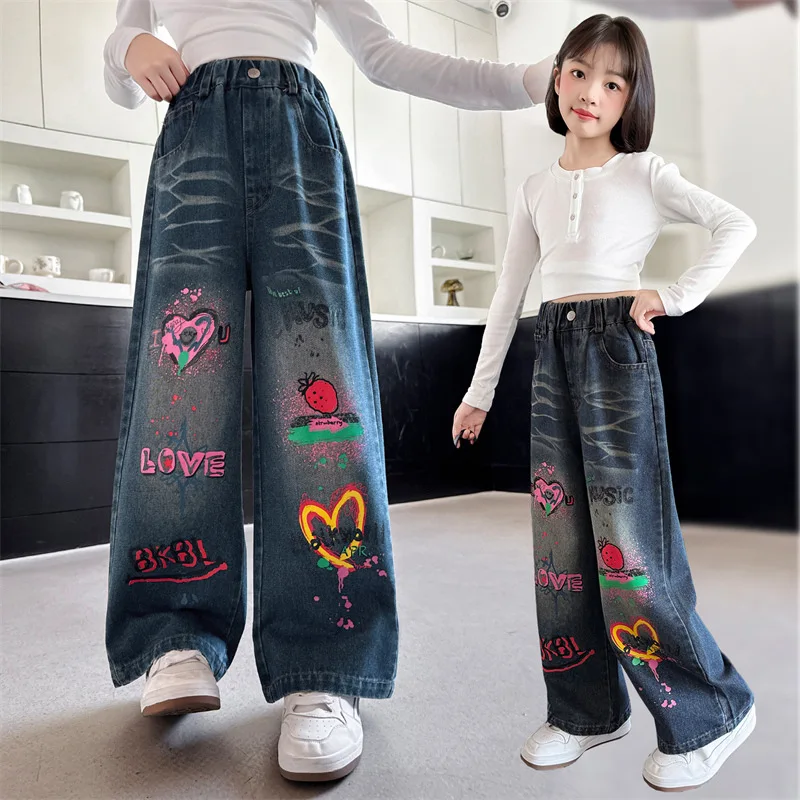 

Autumn Kids Loose Straight Jeans with Heart Printed for Teenage Girls Street Style Gradient Denim Pants Children's Trousers