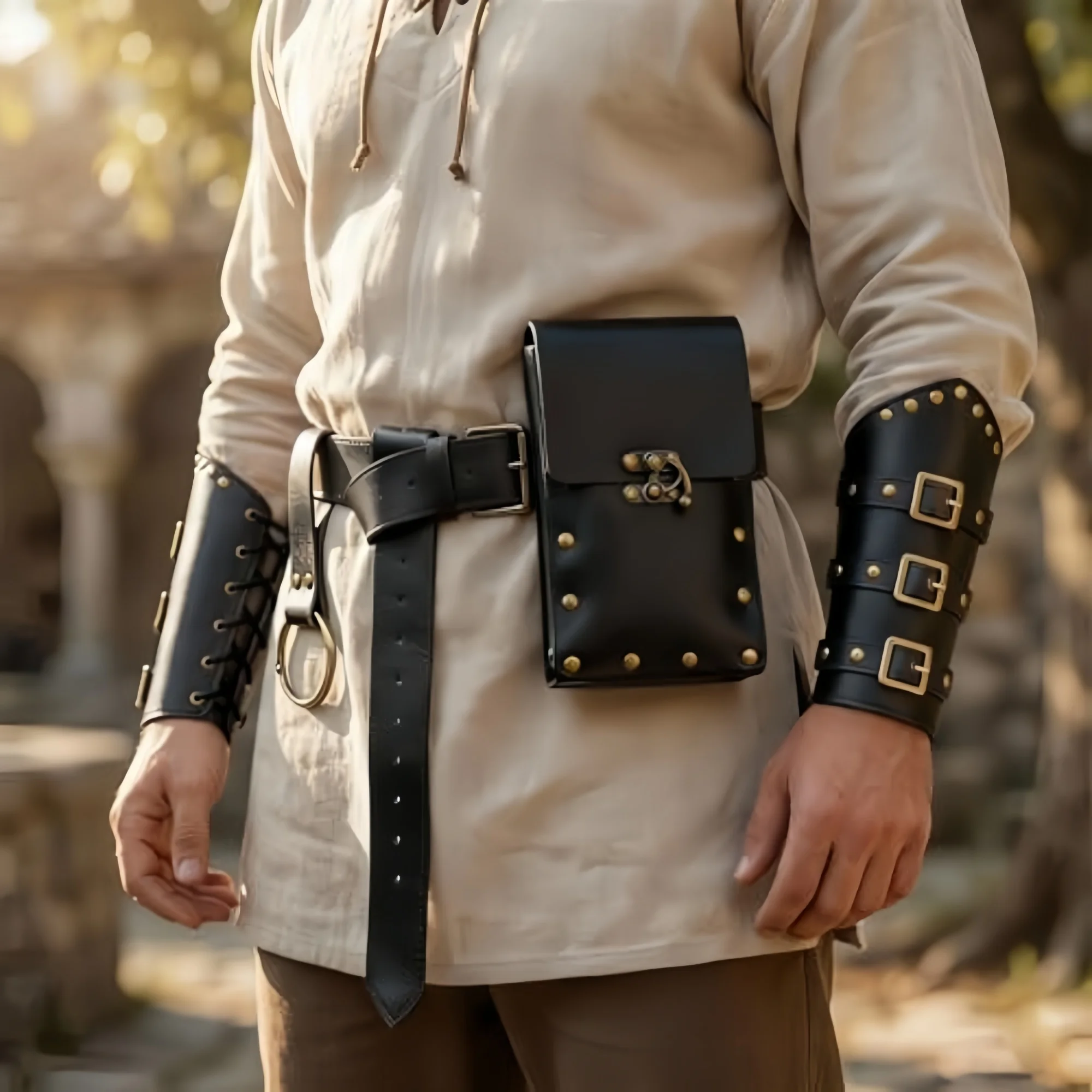 Medieval Cosplay Set Pirate Knights Wrist Guards Leather Belt with Waist Pouch  Hook for Renaissance Fairs Stage Performance