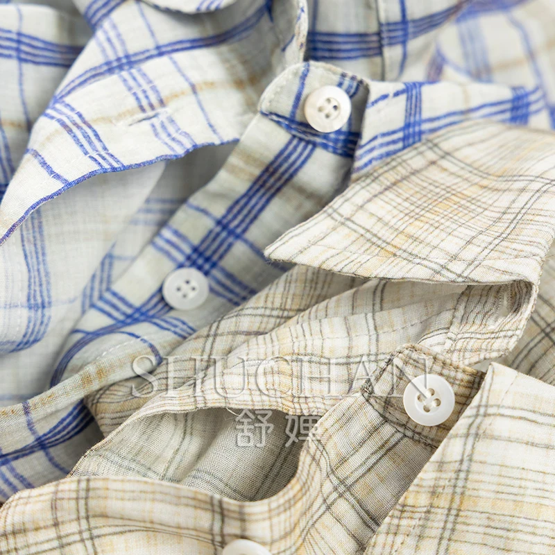 New Casual Fresh Literary Plaid Linen + Cotton Lapel Long-sleeved Shirt Women's 68C2  Blusas Mujer De Moda 2025 Verano