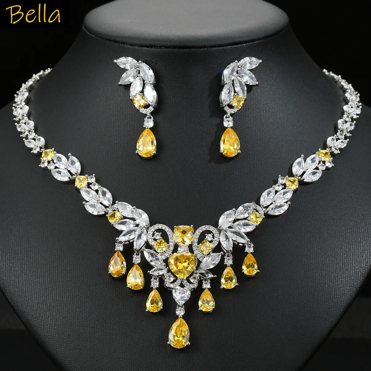 

luxury jewelry sets 2pcs necklace earrings shiny zirconia red yellow blue green plant leaf water drop jewelry wedding party