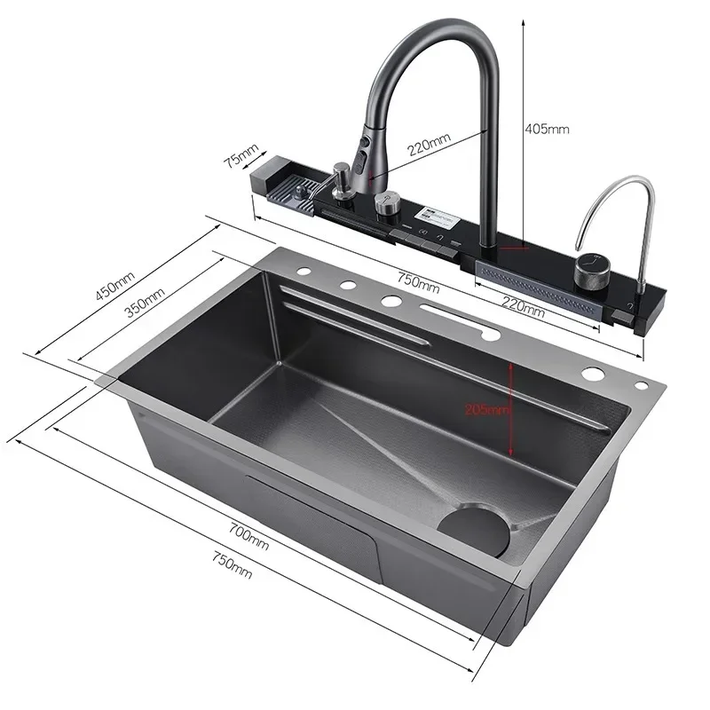 Juego de fregadero de cascada con pantalla Digital de acero inoxidable Nano 304, grifo integrado multifuncional para lavado de verduras en la