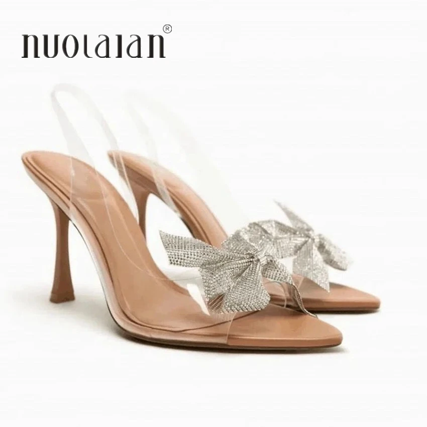 Rhinestone Bow High Heels 2024 Summer Transparent Slingbacks Woman's Shoes New Pointed Toe High Heel Sandals Pumps For Women