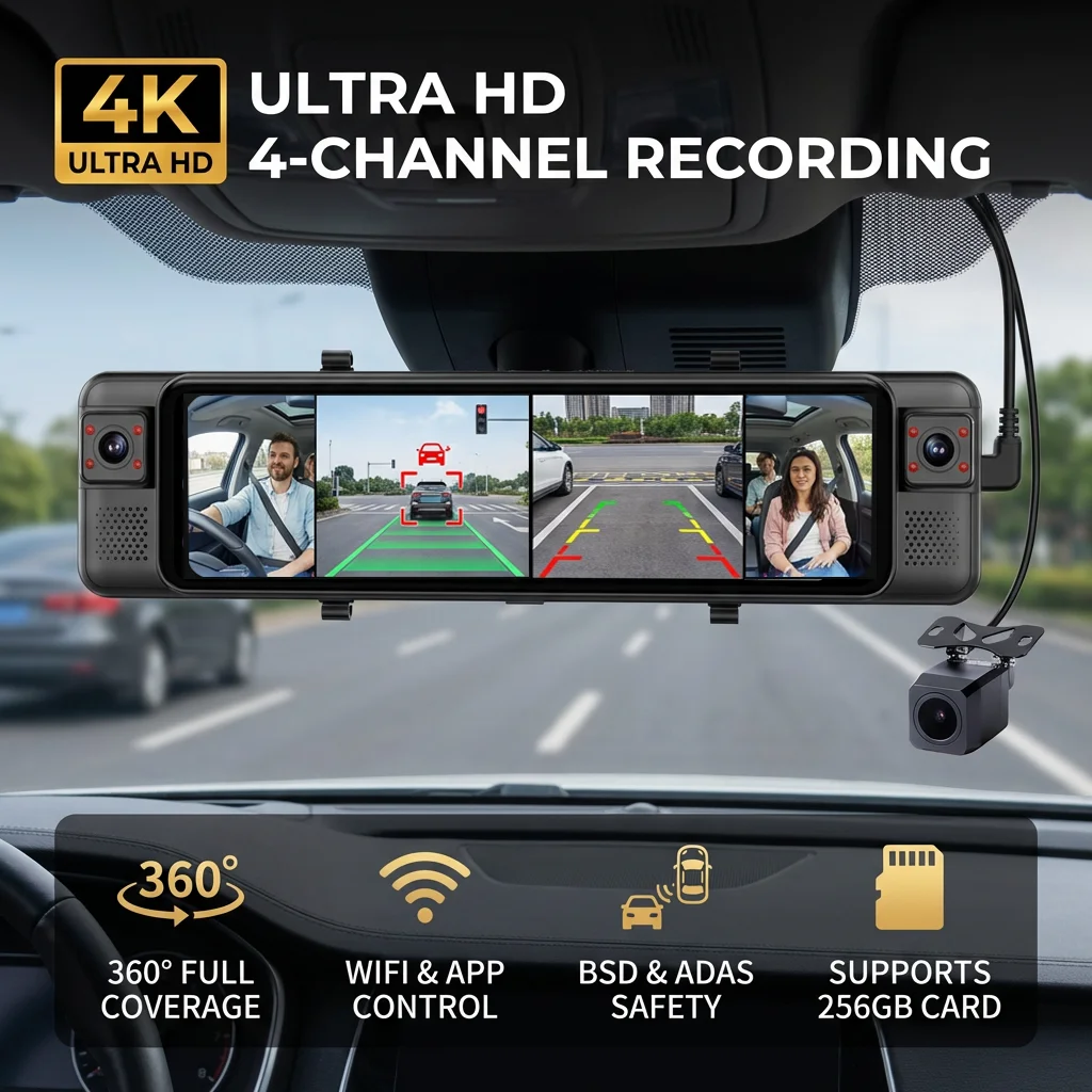 11.26'' 4K Rear View Mirror Dash Cam Supports ADAS BSD 4 Channel 360° Front Left Right Rear Car DVR Loop Recording Black Box