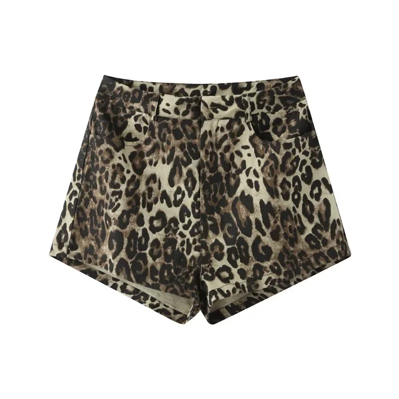 Retro Leopard Print Shorts Women Casual Zipper Button Pockets  Short Pants Female 2024 Spring Summer Fashion Y2K Lady Streetwear