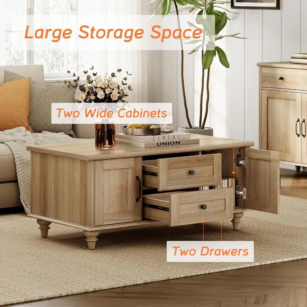 Mesa de centro rústica de madera para sala de estar, mesa central rectangular con cajones