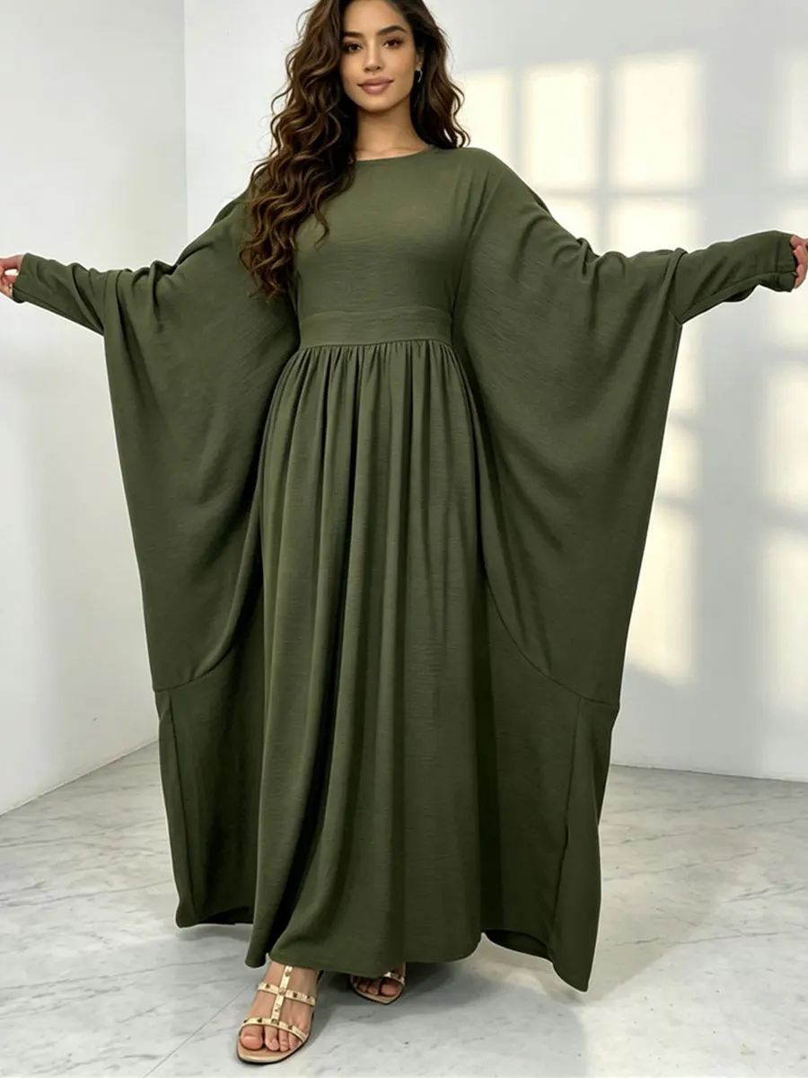Damen Modest Abaya Maxikleid mit Fledermausärmeln, Hoher Taille, Plissiert, Islamisches Gewand, Ramadan Eid Casual Party Einfarbige Muslimische Kleidung – Detail 8