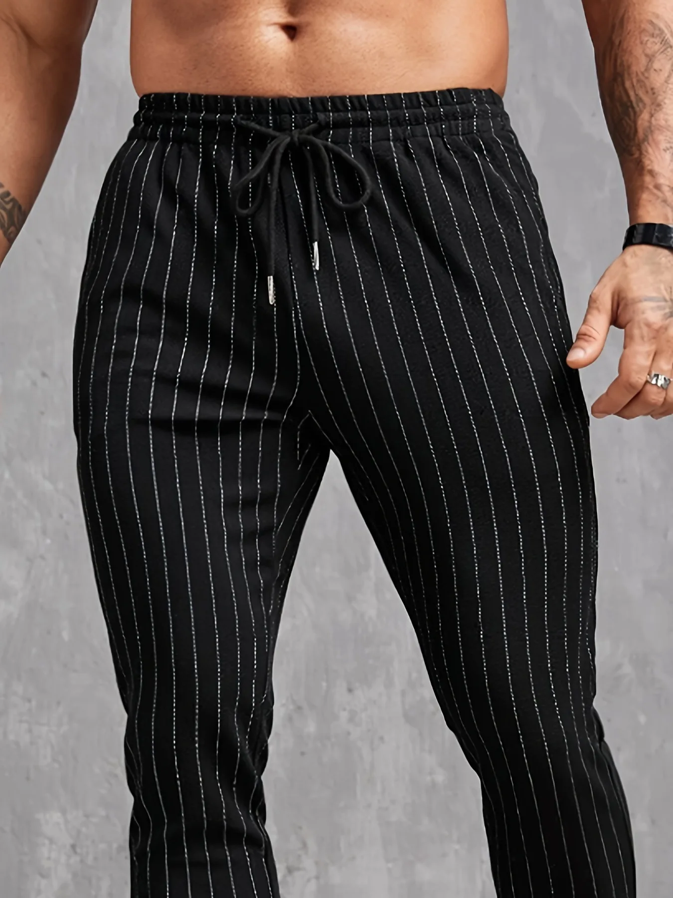 Male All Matching Striped Trousers Pattern Color Block Pocket Beach Casual Pants Drawstring Wide Leg Straight Pants