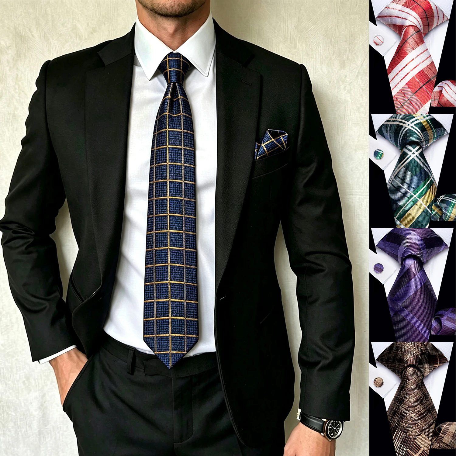 3Pcs Classic Plaids Tie Set Mens Tie Handkerchief Cufflinks Set for Business Wedding Formal Office Party Groom Interview Banquet