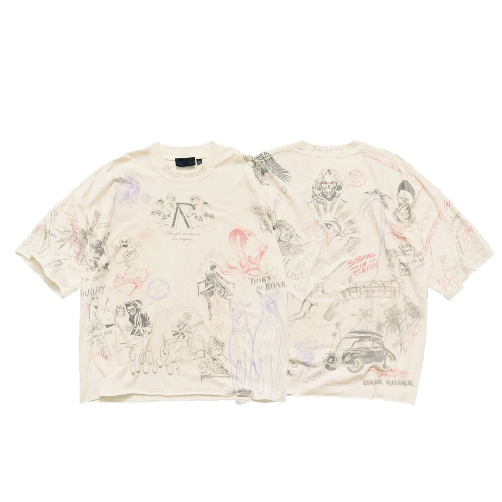 Y2K Men's Clothing Skull Street Style Graphic Tee Full Printed T-shirts Oversized Streetwear Cotton Casual Short Sleeve T-shirts