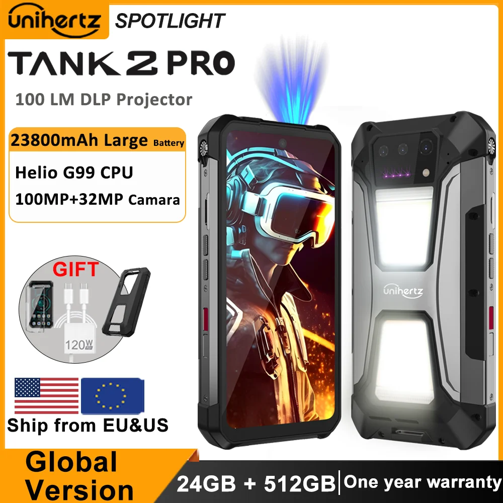 Unihertz tank 2 Pro 8849 rugged phone with projector 100MP 24GB 256GB Android 14 100MP NFC 120W Helio G99 23800mAh
