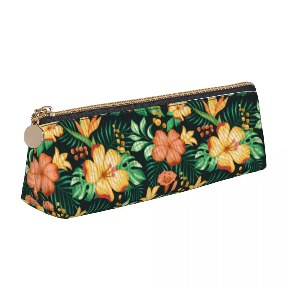 Estuche de lápices triangular con patrón Floral, caja de flores tropicales, naranja y verde, bolso de cuero Kawaii para bolígrafos para adolescentes