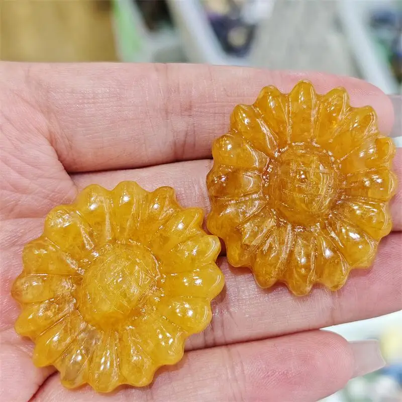 2 قطعة النار الأصفر الطبيعي الكوارتز الهيماتويد ليتل ديزي عباد الشمس نحت شفاء فنغشوي الريكي ديكور المنزل هدية عيد #5