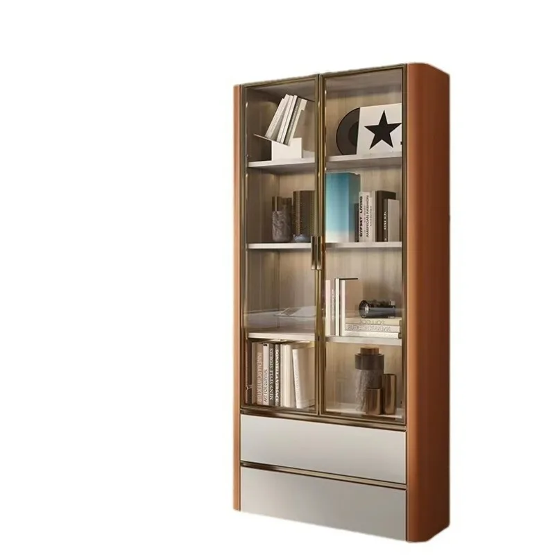 

Saddle leather bookcase Living room display case Glass door Locker Storage cabinet