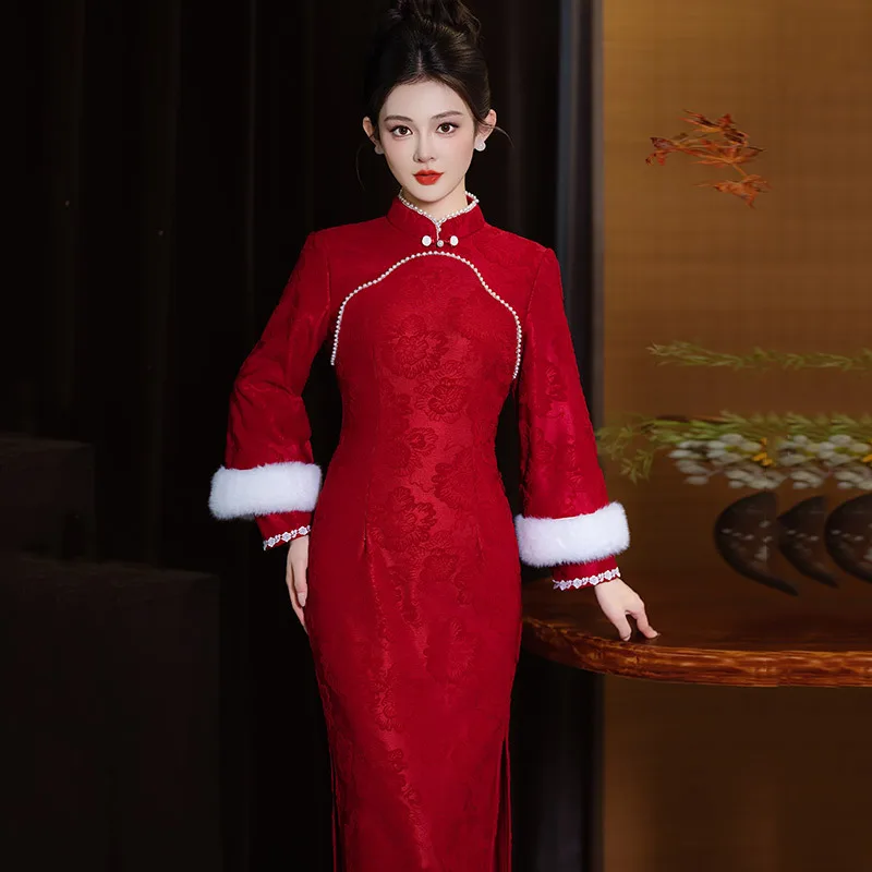 Yourqipao Winter Red Velvet-lined Thickened Long-sleeved Modified Cheongsam New Year Chinese Style Wedding Dress for Women