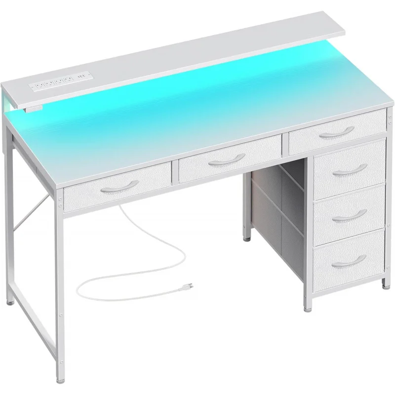 Gaming Desk with 6 Drawers, Computer Desk with LED Lights Power Outlets and Type-C, 39 Inch Office Desk with Storage, Monitor St