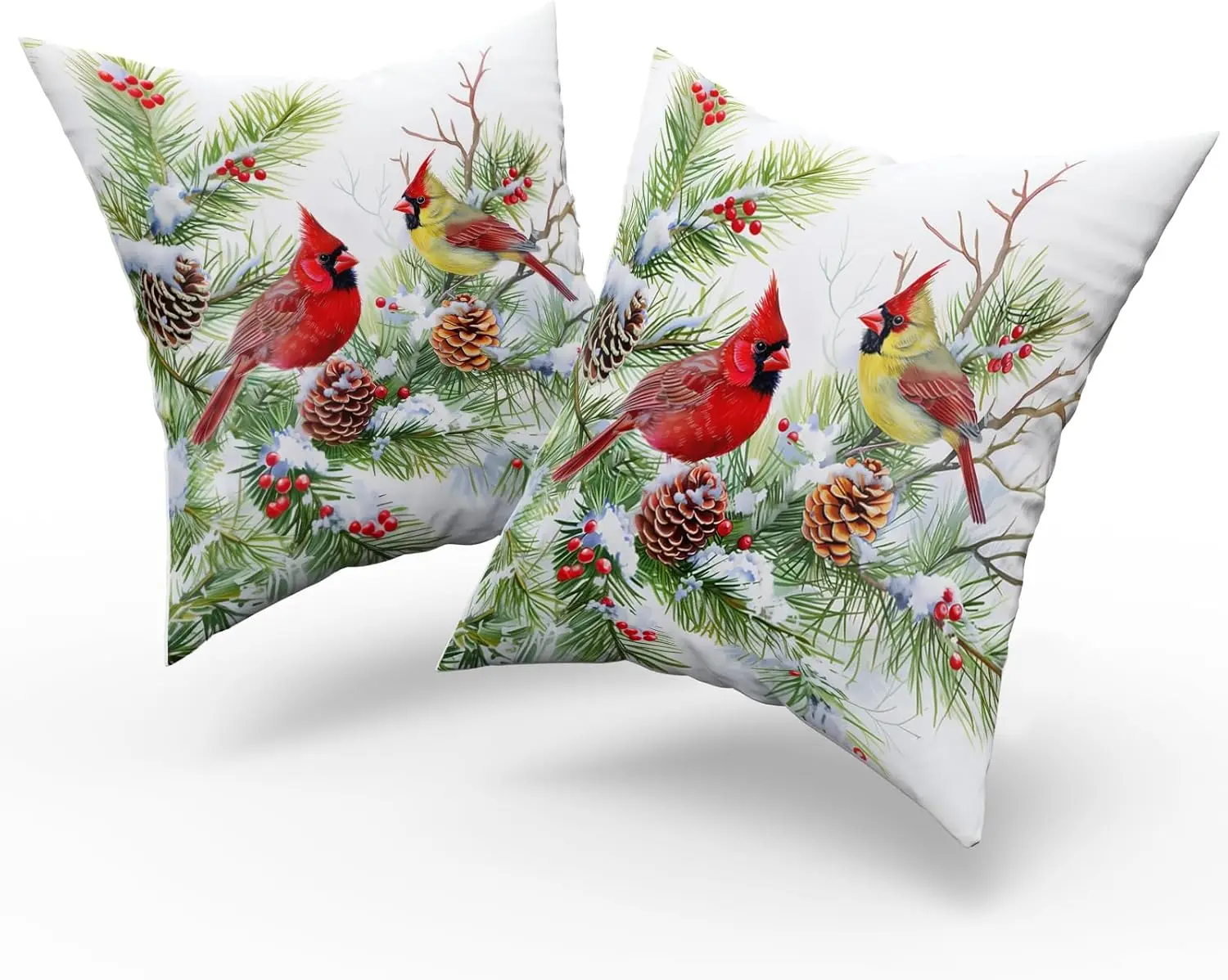 Winter Birds Pillow Covers Set of 2 18x18 Inch Christmas Trees Holly Berry Pine Cones Xmas Snow Scene Square Cushion Cases