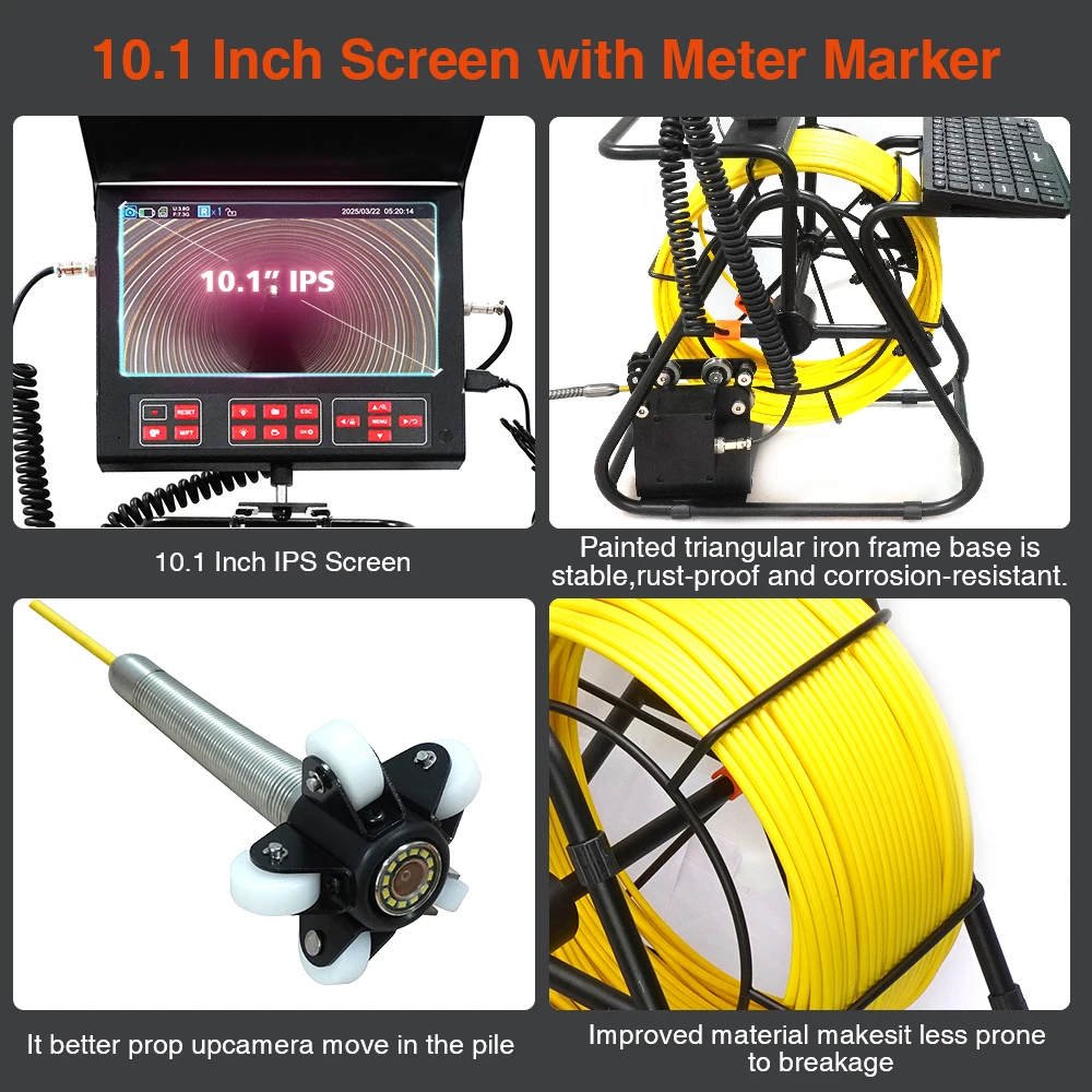 23mm Lens Industrial Endoscope 40M IP68 Waterproof Drain Pipe Sewer Inspection Camera System 10.1"LCD Camera Built-in DVR