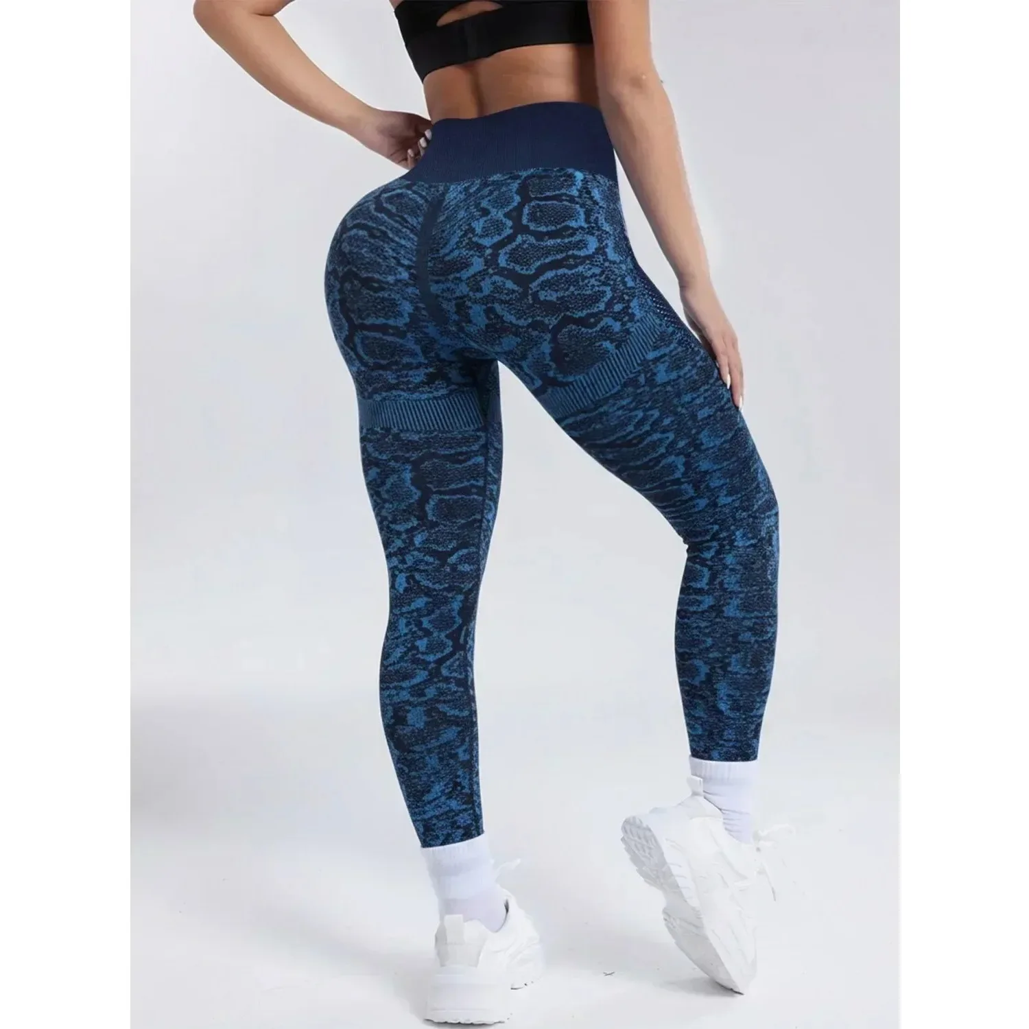 Women's Seamless Snake Patterned Mesh Yoga Pants High Waist Hip Lifting Fashionable Sexy Sports Pants Exercise Fitness Leggings