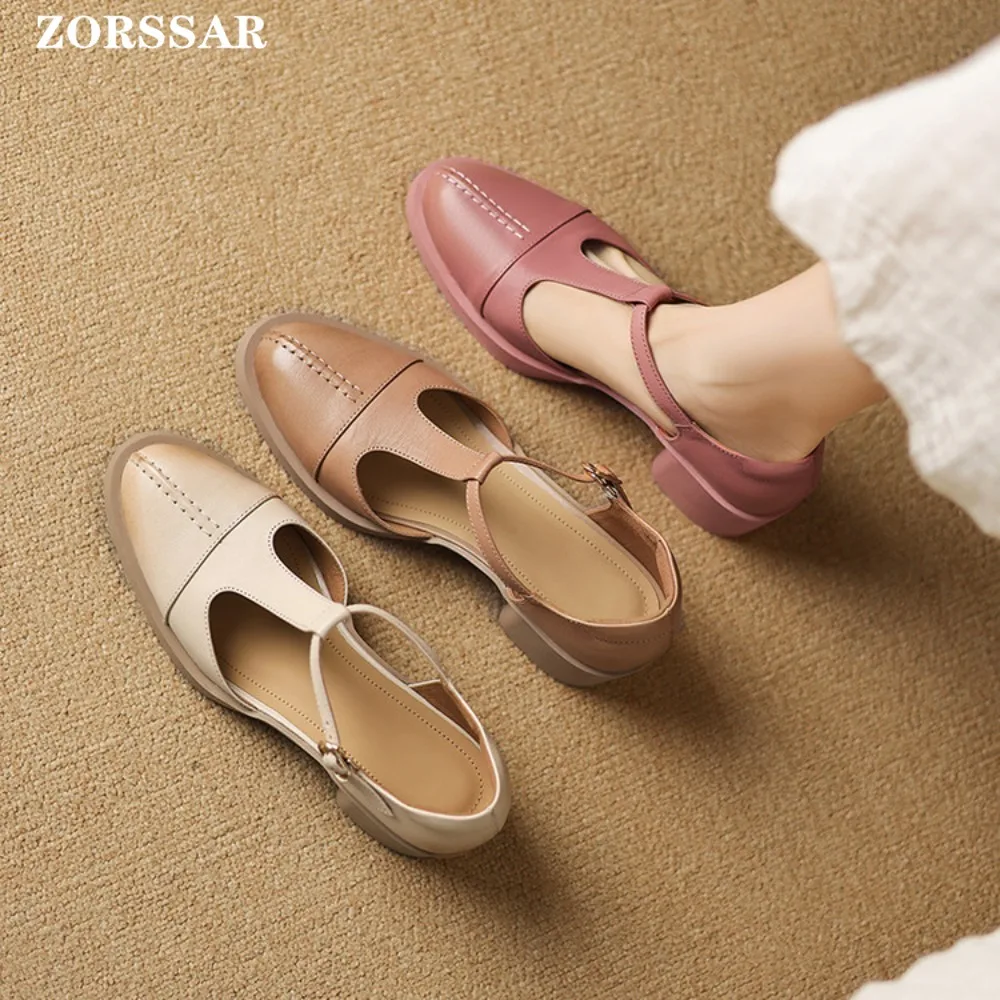 

2025 Summer Pointed Toe High Heel Sandals Square Heel T-Strap Medium Heel Genuine Leather Female Summer Sexy Female Sandals