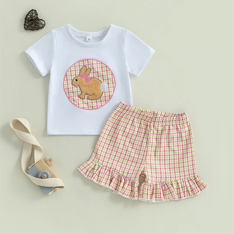 Adorabile completo pasquale per bambina con top a maniche corte ricamato coniglietto e pantaloncini scozzesi con volant - Set estivo da 2 pezzi