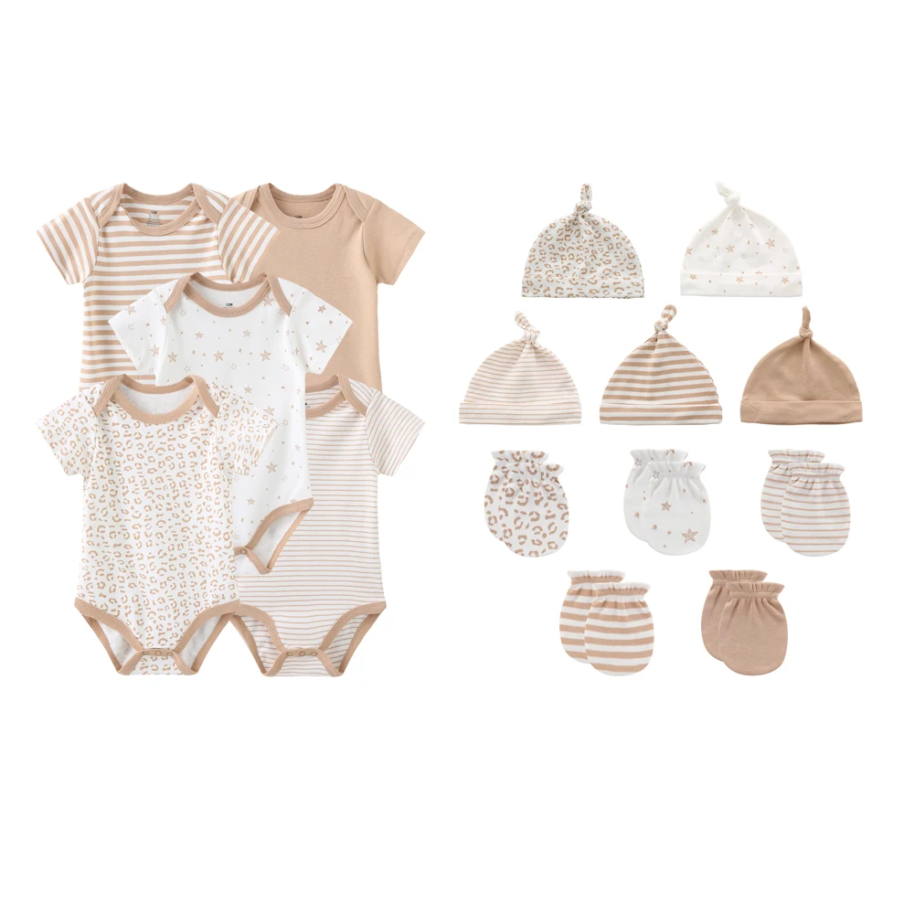 Kiddiezoom 15Pcs/Lot Fashion Casual Unisex Baby Boy Girl Bodysuits+Hats+Gloves Newborn Layette Sets Infant Shower Gift