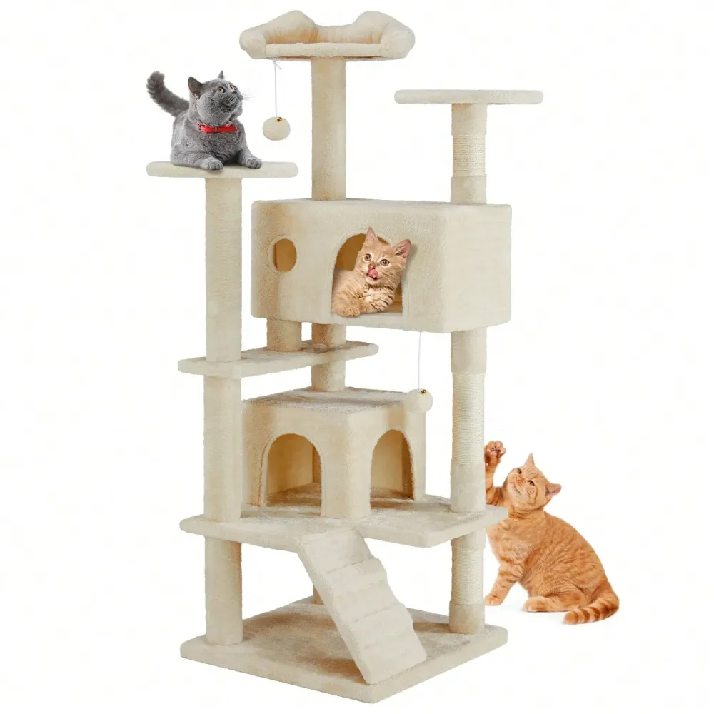 

Cat Tree Tower For Indoor Cats, 54in Tall MultiLevel Pet Furniture, Kitty Play House With Sisal ching Post, Large Condo, C
