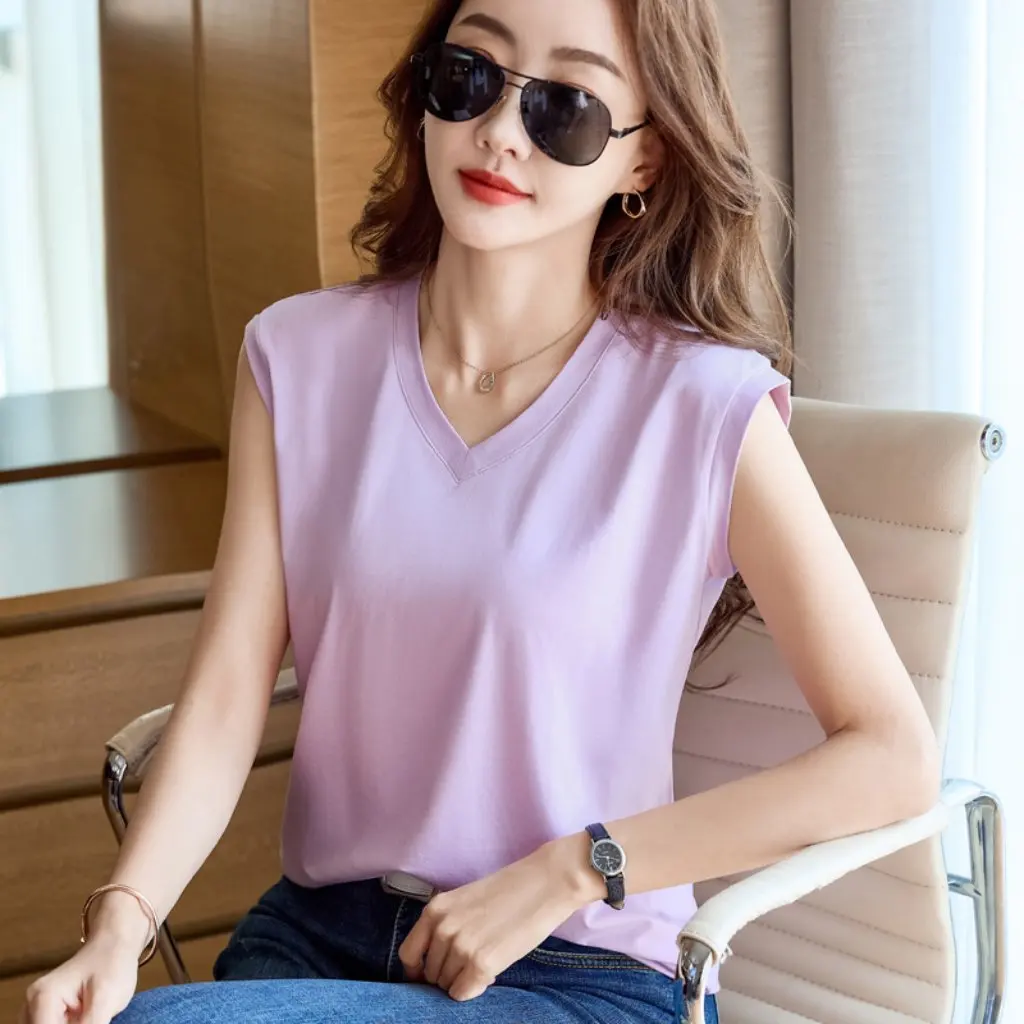 تي شيرت Yuwei نسائي بقصة ضيقة ورقبة على شكل حرف V بدون أكمام من القطن المرسيريز 2820 #   قميص ريل شوت صيفي جديد وبسيط يناسب الجميع