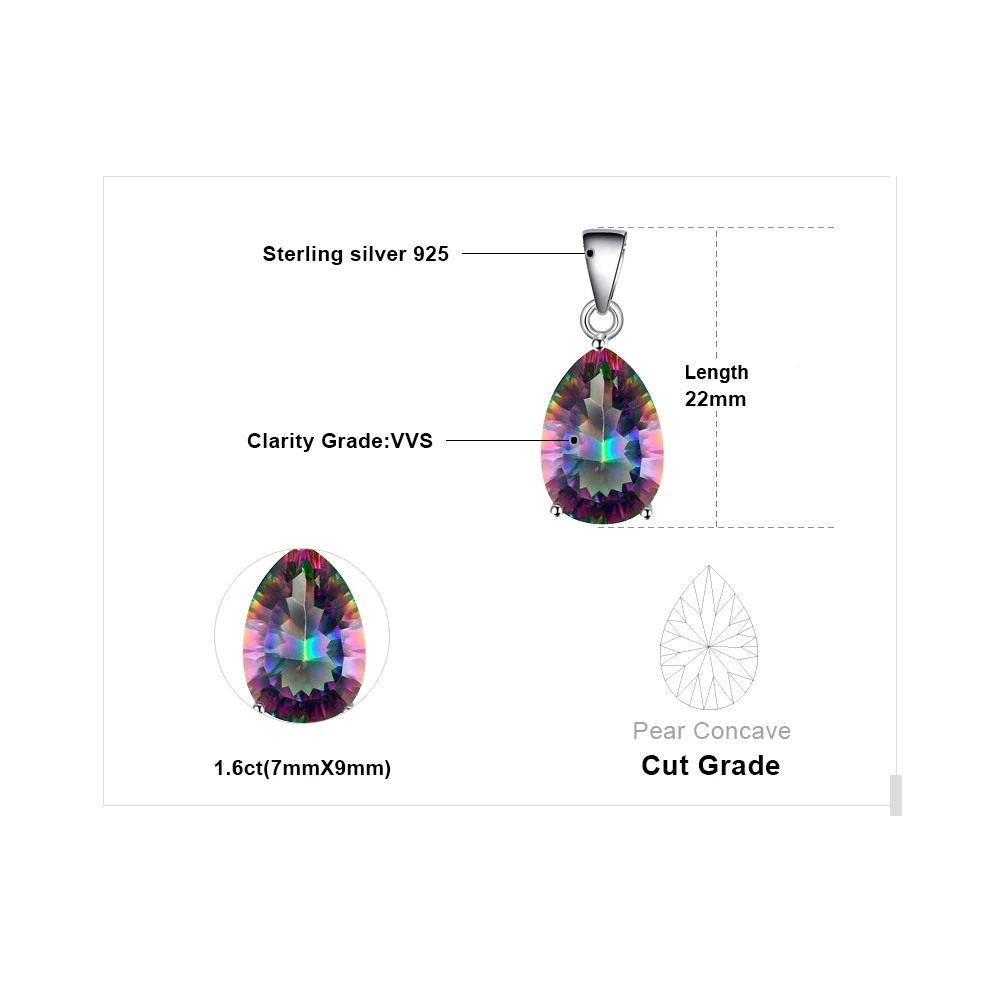 JewelryPalace 5ct Natural Rainbow Mystic Quartz 925 Sterling Silver Pendant Necklace for Woman Fashion Gift No Chain New Arrival