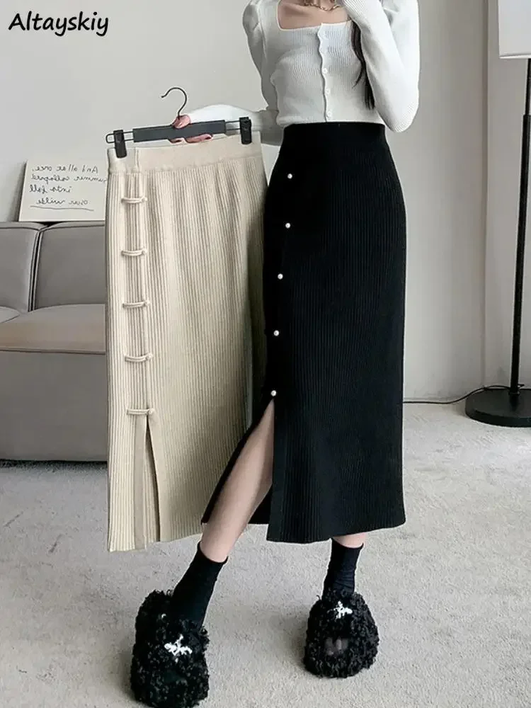 Autumn Winter Knitted Skirts Women Frog Side Slit Elegant Midi Chinese Style Casual Fashion Retro Solid Simple All-match A-line