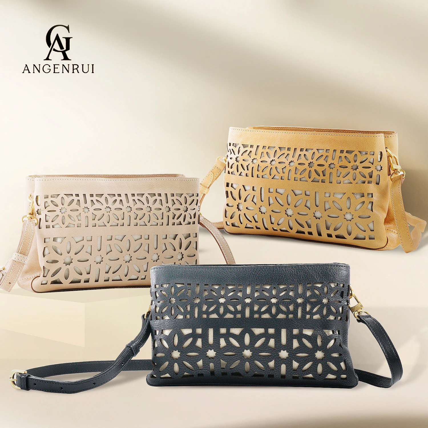 ANGENGRUI Brand Genuine Leather Women Bag's Handmade Hollow Pattern Multi-layer Handbag First Layer Cowhide Shoulder Bag