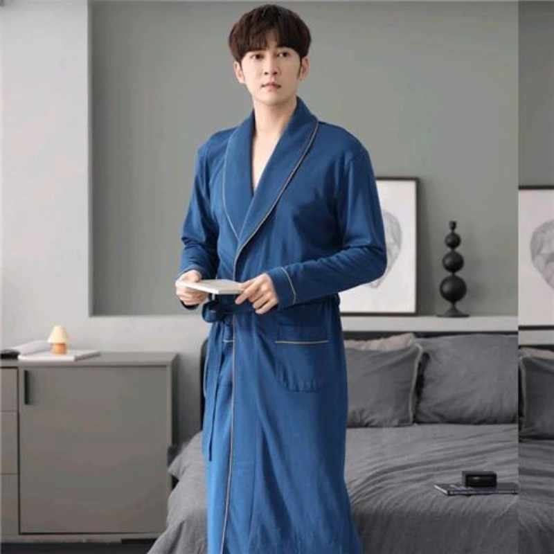 Long Sleeve Kimono Bathrobe Large Size One-piece Pajamas  All Cotton Bathrobe Night Gown Gentleman Spring and Autumn Pure Cotton