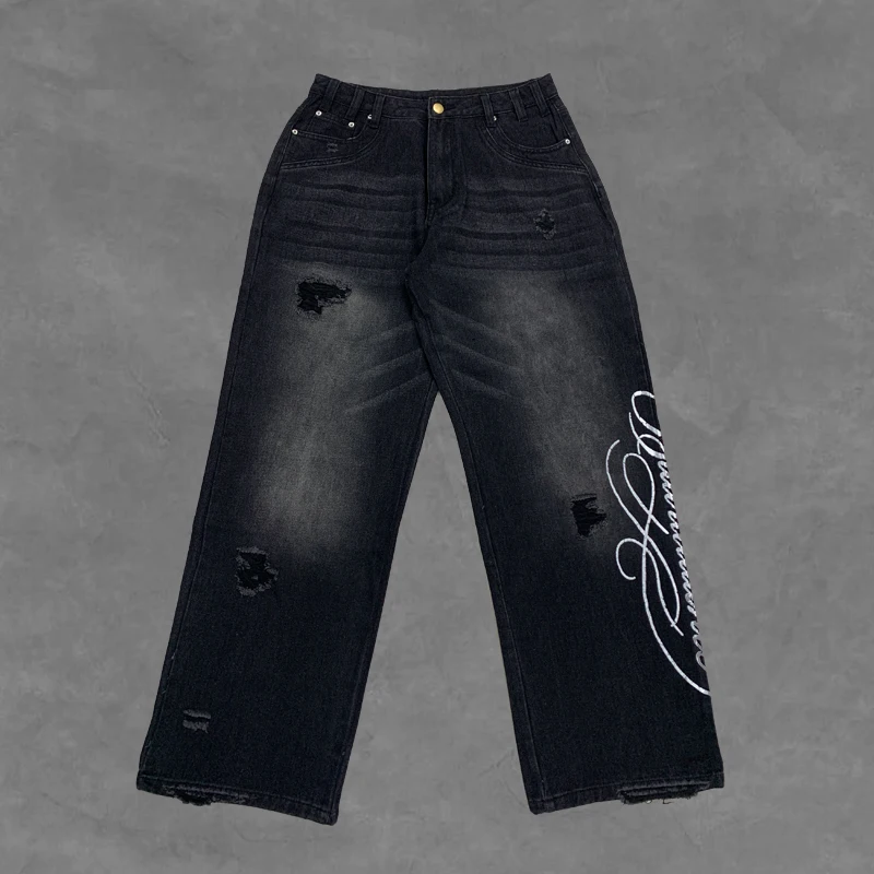 

New Y2K letter print washed distressed distressed personality street hip-hop loose straight leg retro jeans for men and women