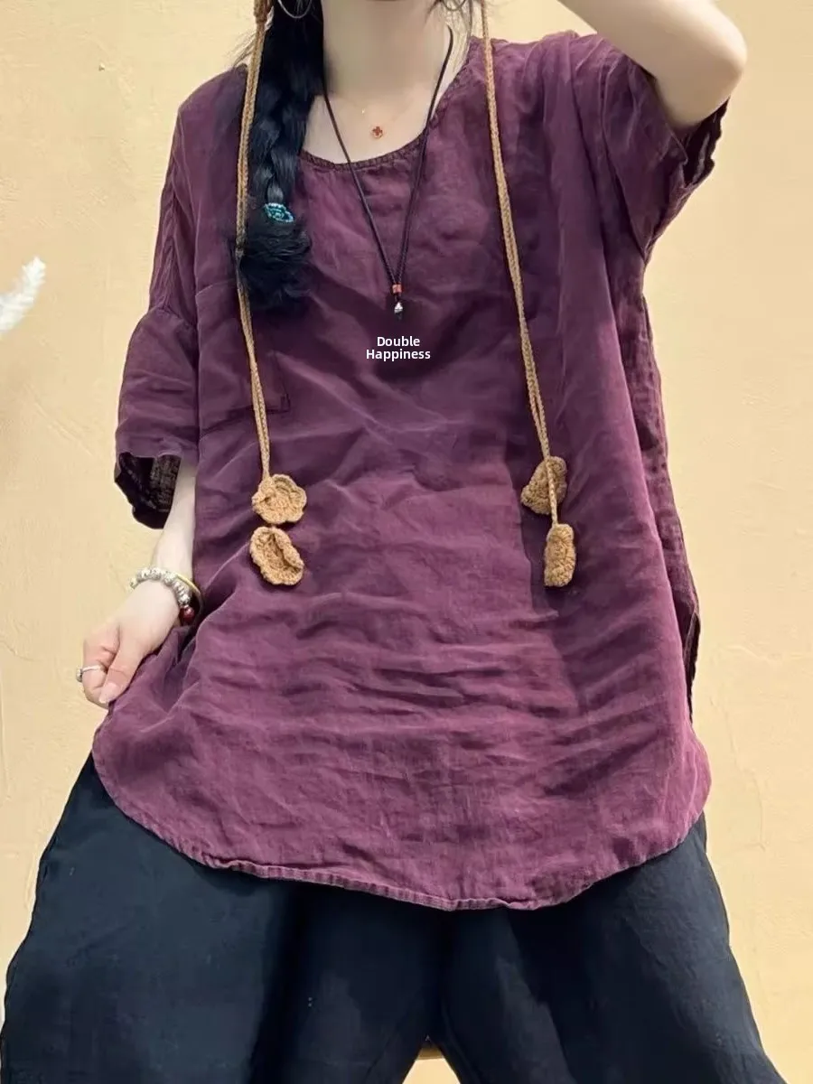 

New Chinese Style Loose Casual round Neck Linen Shirt Women's Summer Fashion Short Sleeve Top Mid-Length A-Line Blouse