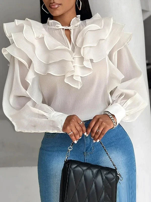 Jennifer White Women Blouse 2024 Floral Gauze Lace-Up Pleated See-Through Solid Color Loose Puff Sleeves Stand Collar Blouses