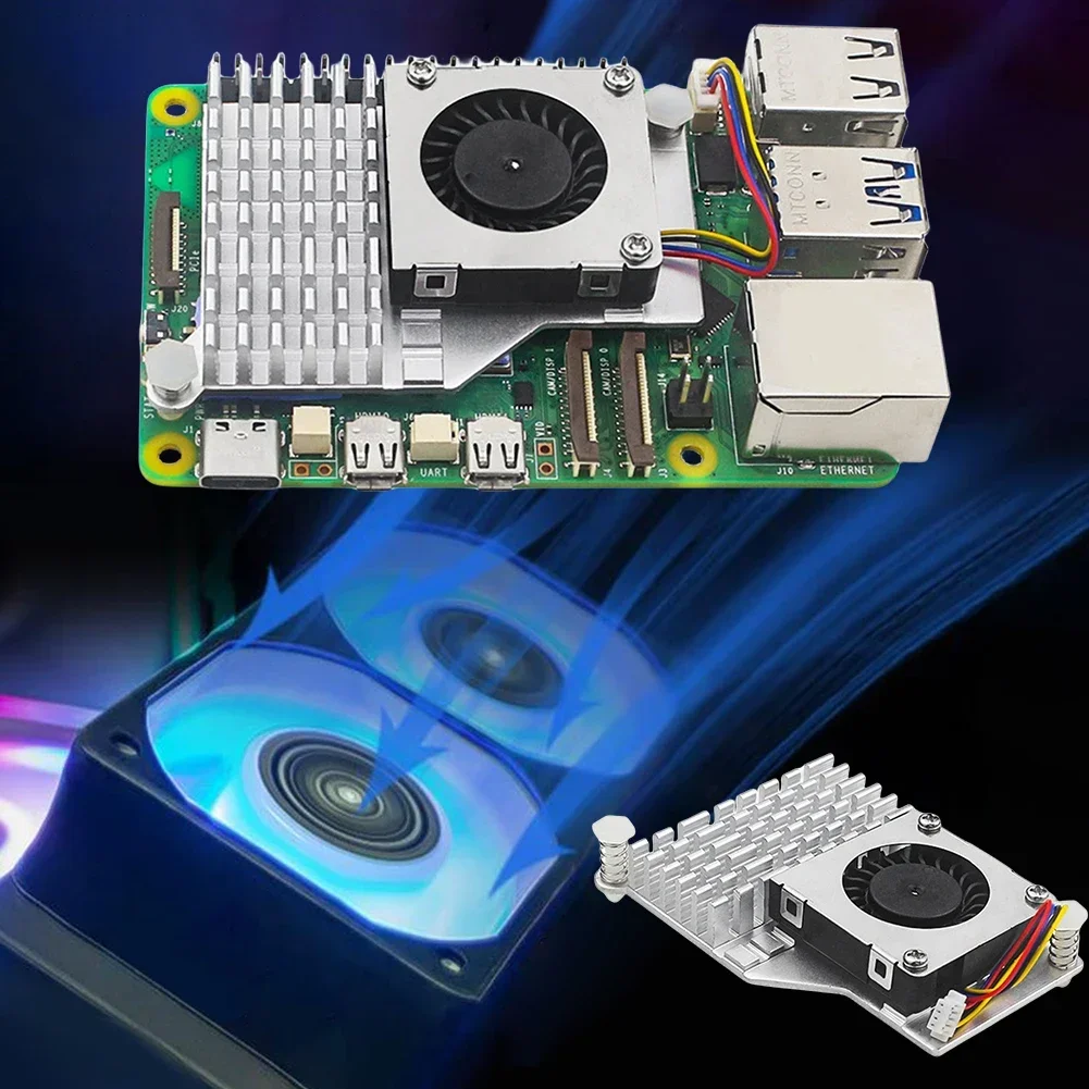 For Raspberry Pi 5 Active Cooler Metal Heatsink Radiator with Adjustable Speed Cooling Fan Fin Heatsink Cooling Radiator