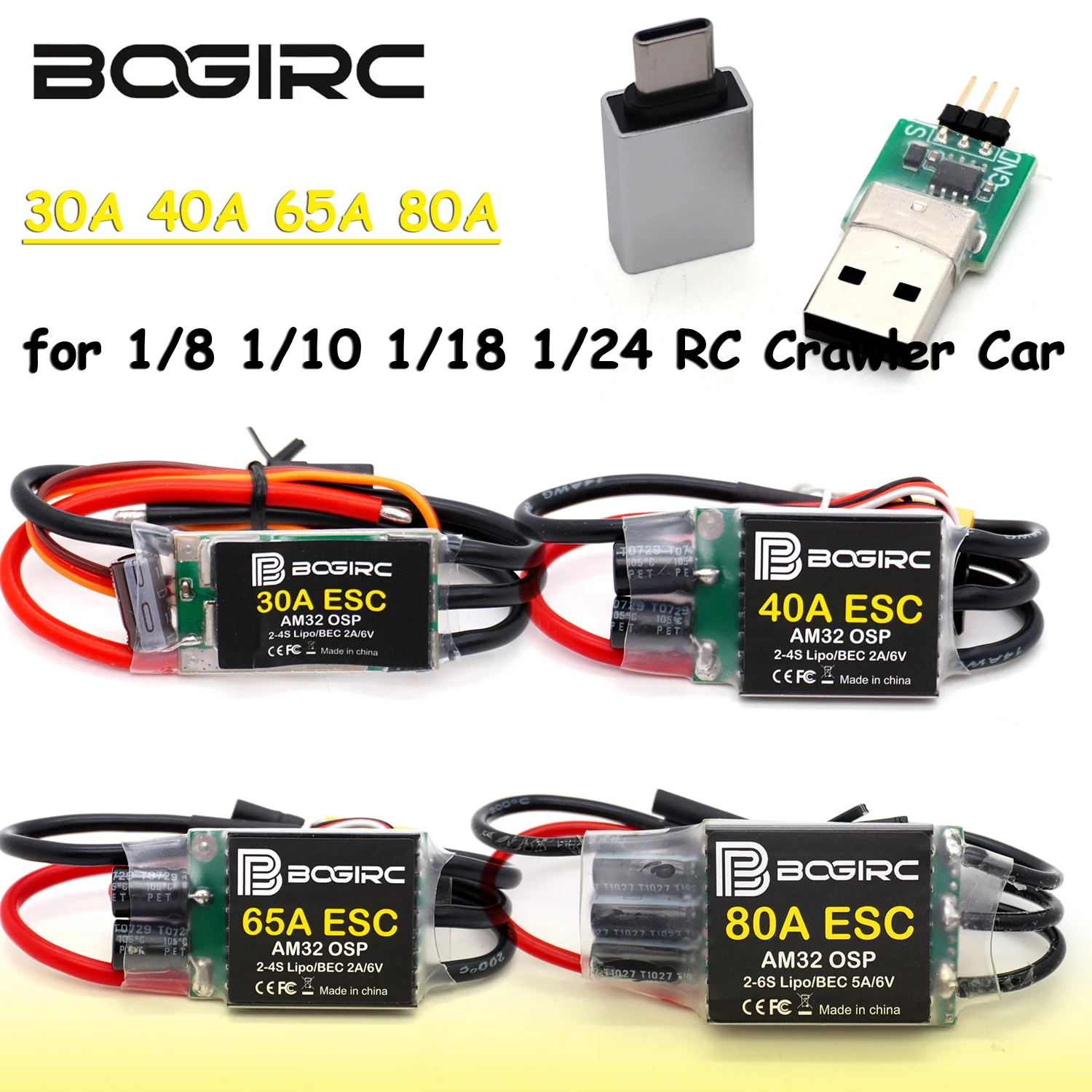 BOGIRC AM32 30A 40A 65A 80A RC Crawler Car ESC 2-6S and Card for 1/10 TRX4 TRX6 SCX10 1/18 TRX4M 1/24 SCX24 RC Car Upgrade Parts