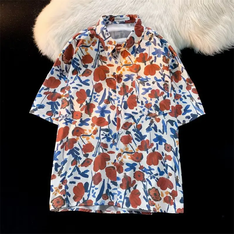 Summer Men Casual Fashion Short Sleeved Printing Shirt Loose Seaside Holiday Style 2024 Lapel Collar All-match Affordable Tops