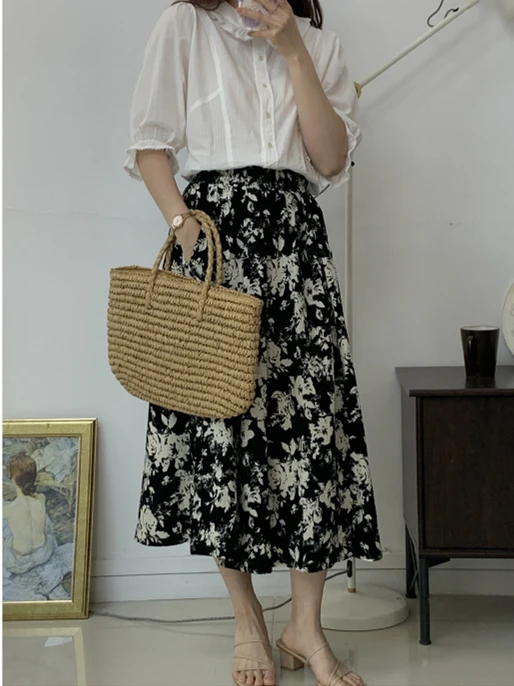 Summer New Chiffon Women's Vintage Printed Medium Length Skirts Elastic Waist Breathable Mori Girl Style Thin A-Line Vestidos