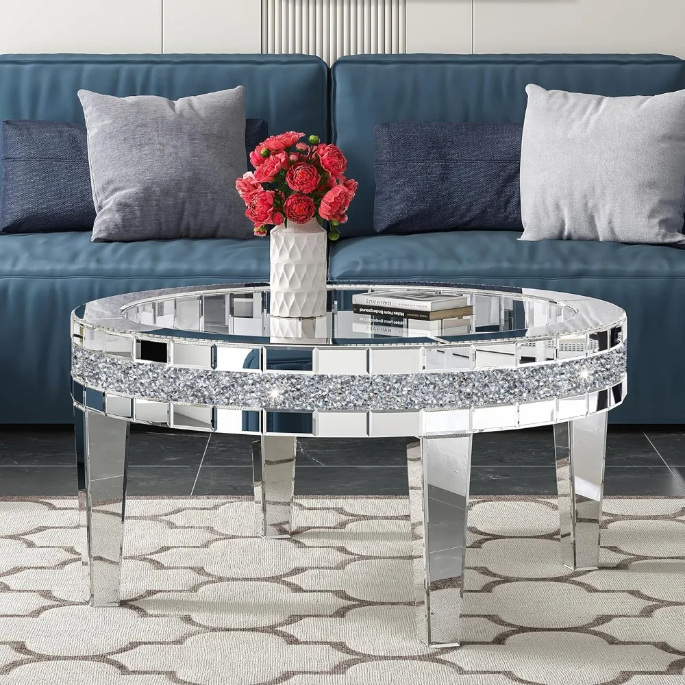 35.5-inch Mirrored Circular Coffee Table, Suitable for Living Rooms, Modern Glass Coffee Tables, Inlaid with Crystals