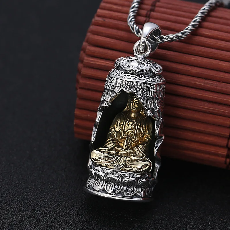 

S925 Sterling Silver Guanyin Pendant Black Color Old Process Unisex Brass Six Words Lotus Fine Jewelry FYNE397