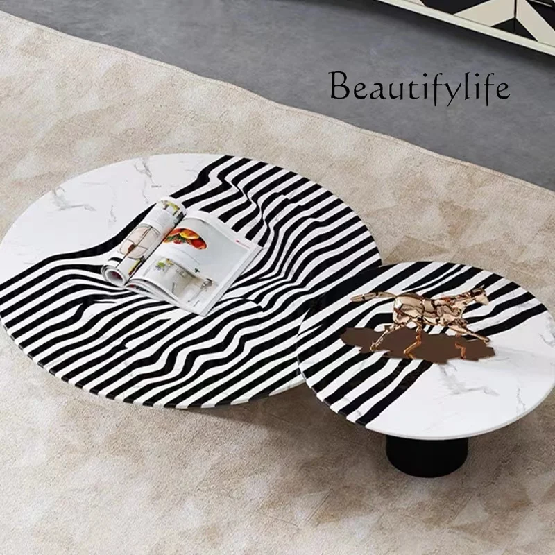 Modern Light Luxury Stainless Steel Zebra Pattern round Tea Table Italian Minimalist Marble Tea Table Combination