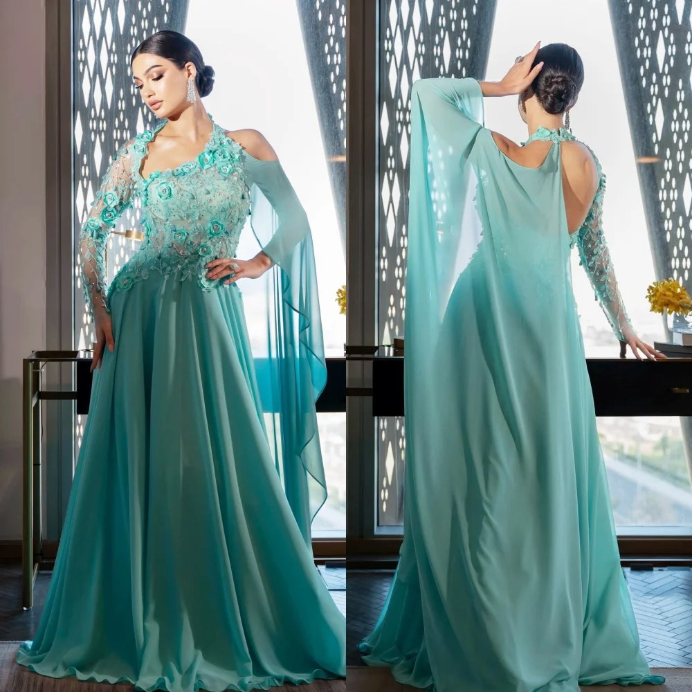 

Chiffon Applique Beading Engagement A-line Halter Bespoke Occasion Gown Long Dresses