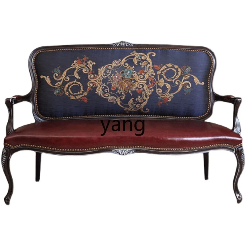 

yjq solid wood retro old sofa chair French leather fabric double sofa