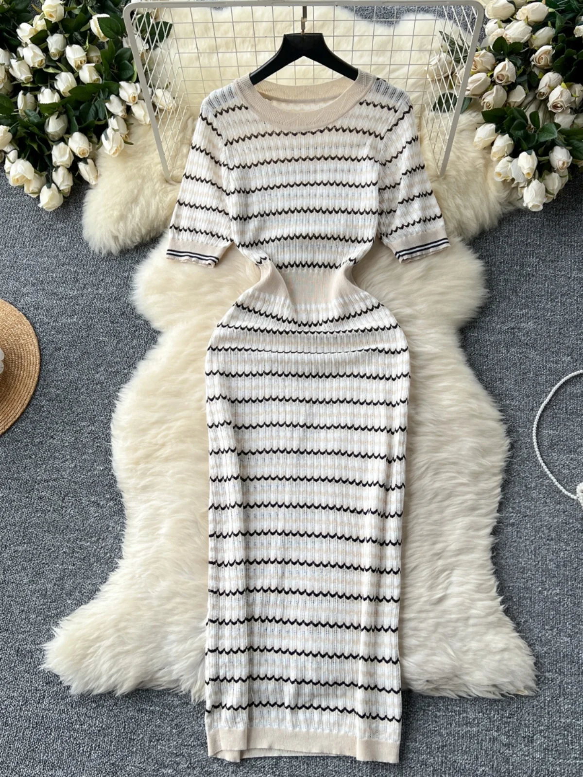 Summer New Vintage Color Blo Striped Knitted Dr Women's Slim Fit round Ne ort Sve Long Dr Korean Sle High Waist