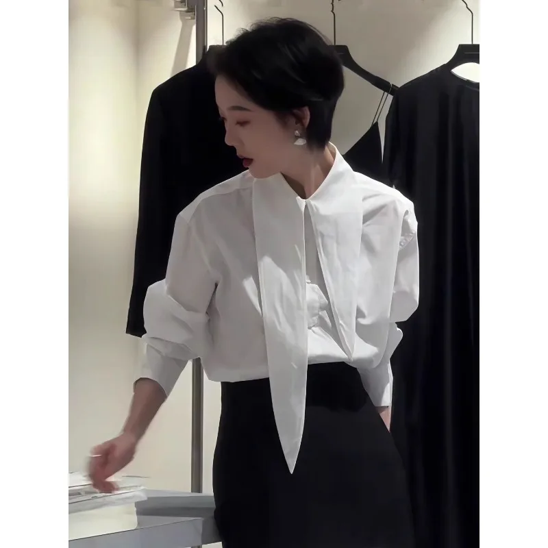 Women's White Long Tie Collar Long Sleeve Button Down Shirt Elegant Office Casual Top view 5