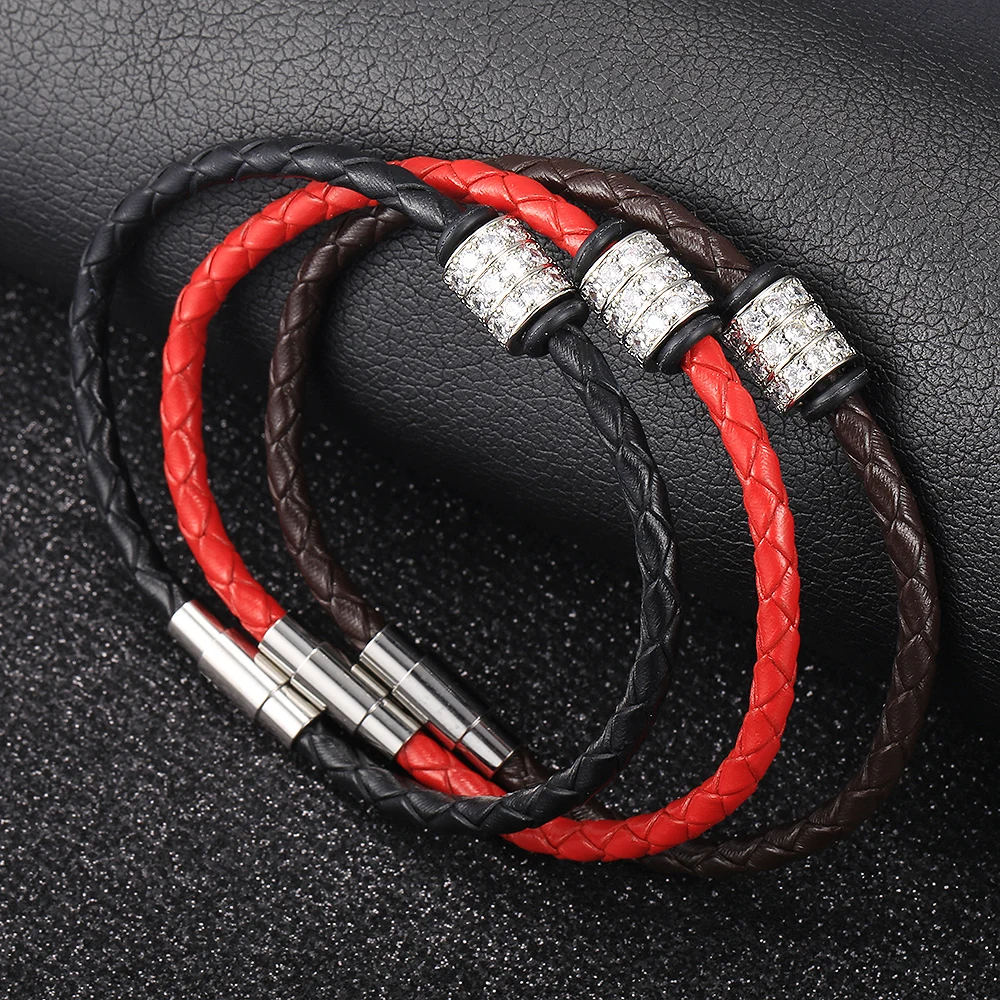 

4mm Man-made Leather Bracelet For Men Boys Cubic Zircon Bead Charm Braided Rope Chain Magnetic Clasp Bracelet Wholesale DLB794