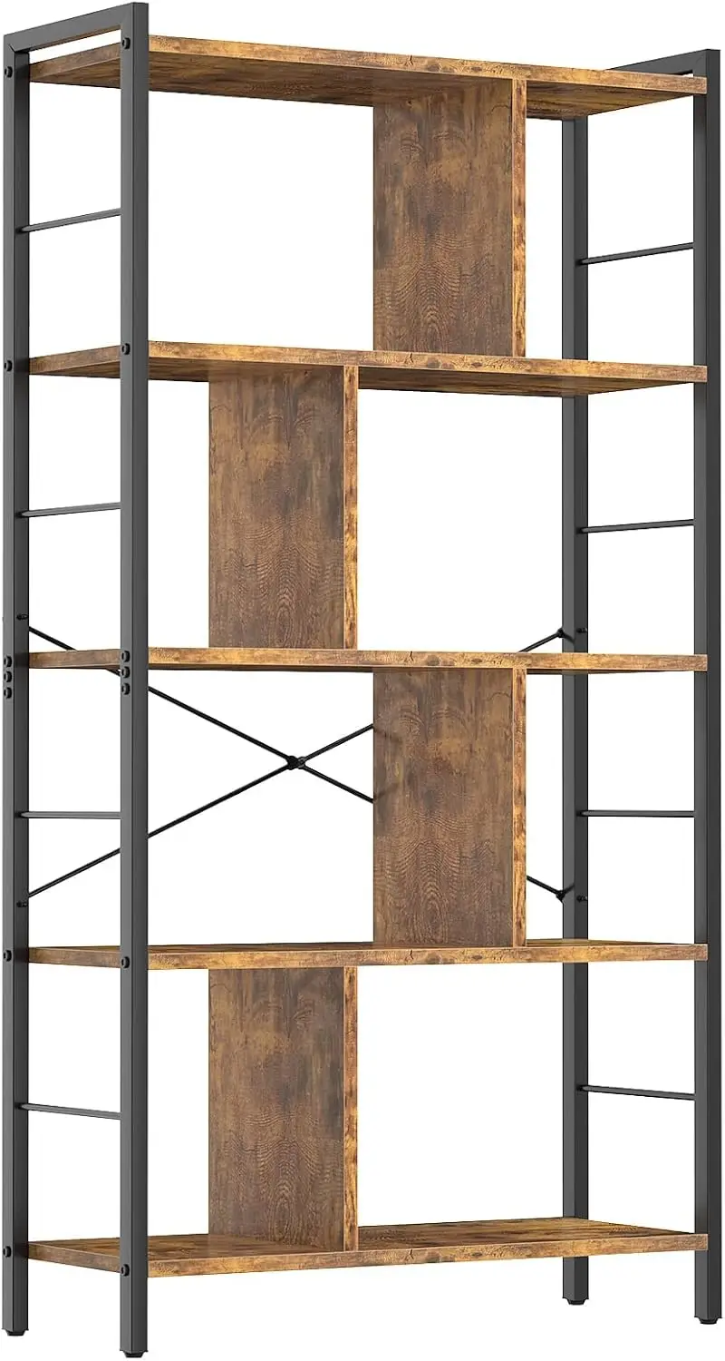 

Bookshelf, 5 Tier Tall Industrial Bookcase Wood Metal Frame Standing Book Shelf